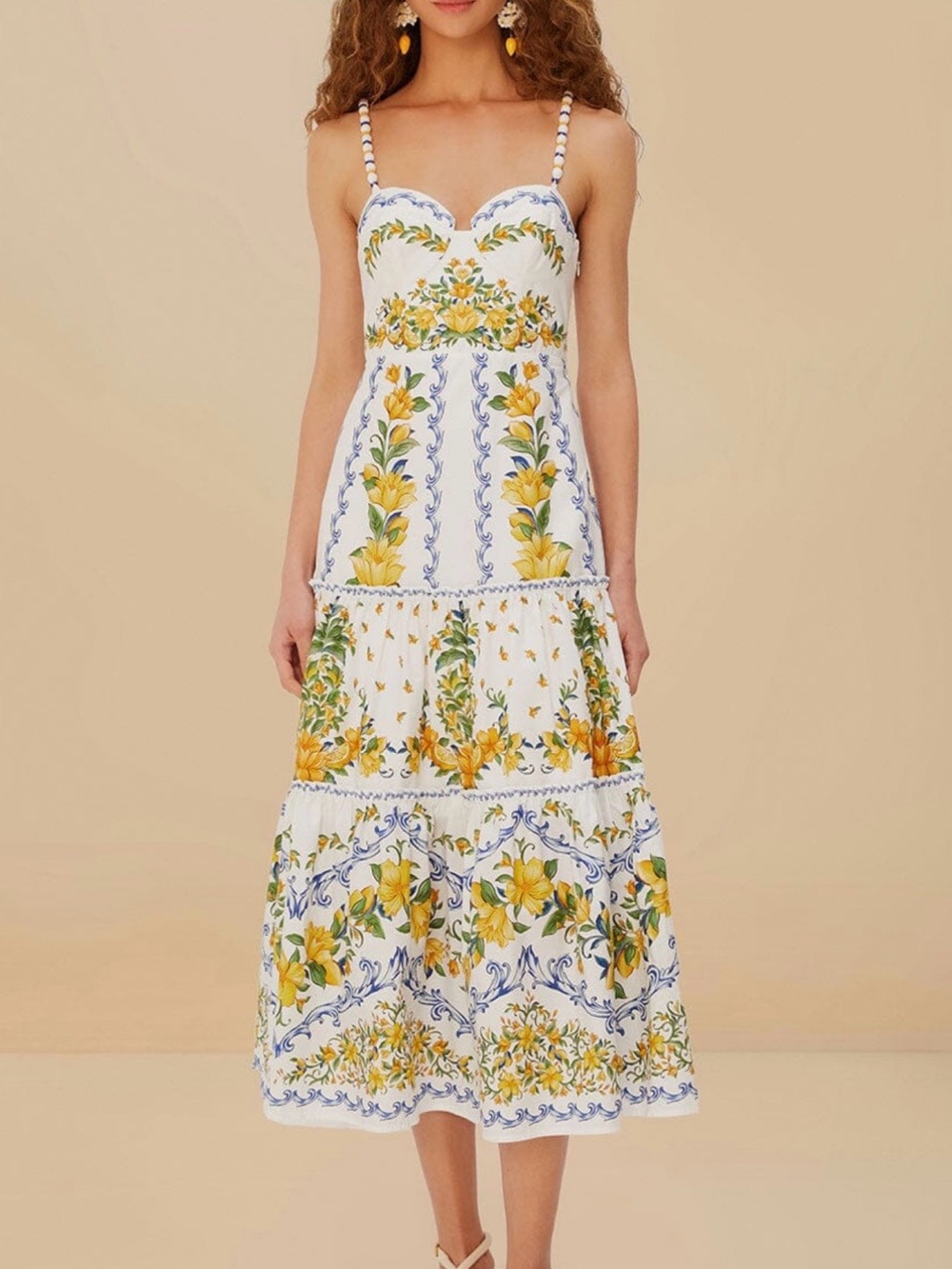 FARM Rio White Midi Dress with Yellow Floral & Blue Trim